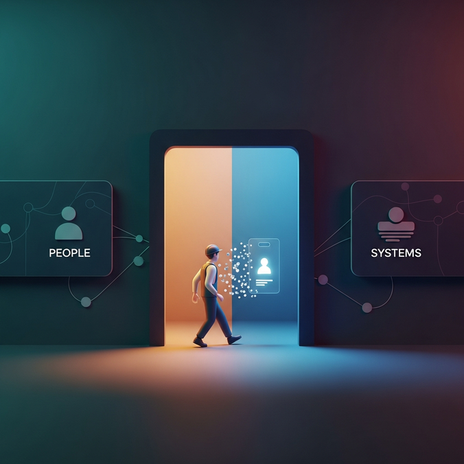 Person walking through a digital interface labeled People and Systems.