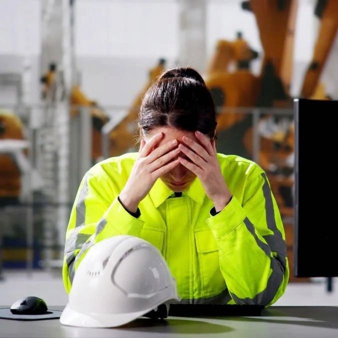 Worker in high-vis jacket with head in hands, hard hat on table.