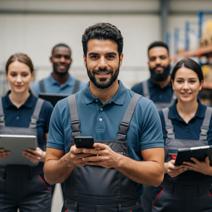 Workers using mobile devices and tablets in a warehouse.