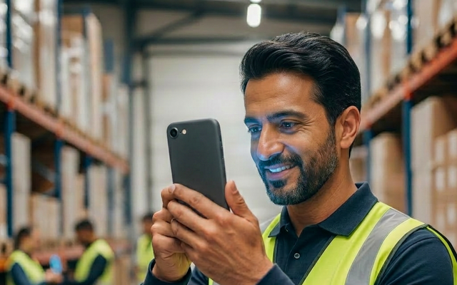 Man in warehouse using smartphone facial recognition.