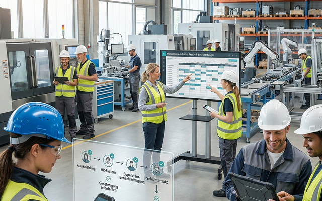 Workers in a factory using AI-enabled interfaces for tasks and communication.