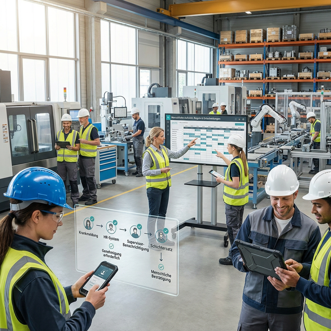 Workers in a factory using AI-enabled interfaces for tasks and communication.