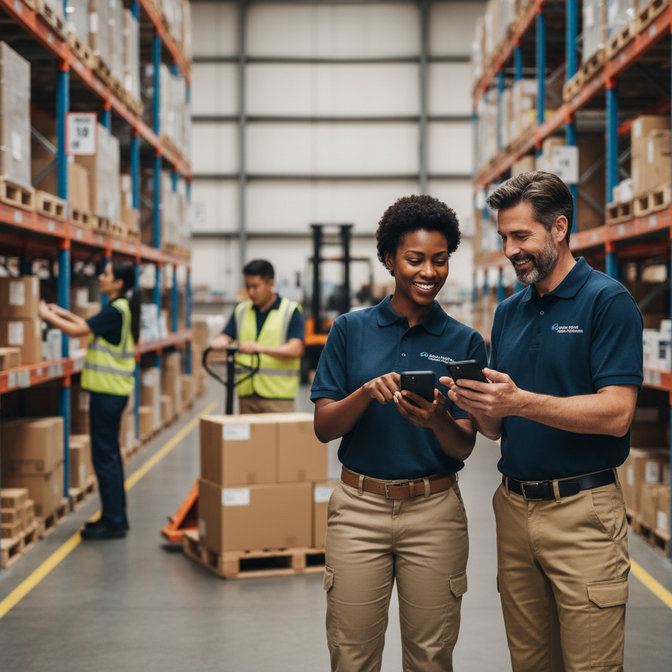 Warehouse staff using mobile devices for operations.