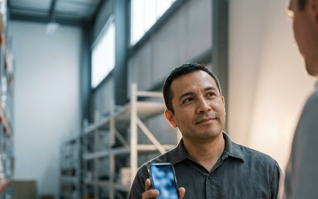 Person in a warehouse showing something on a smartphone.