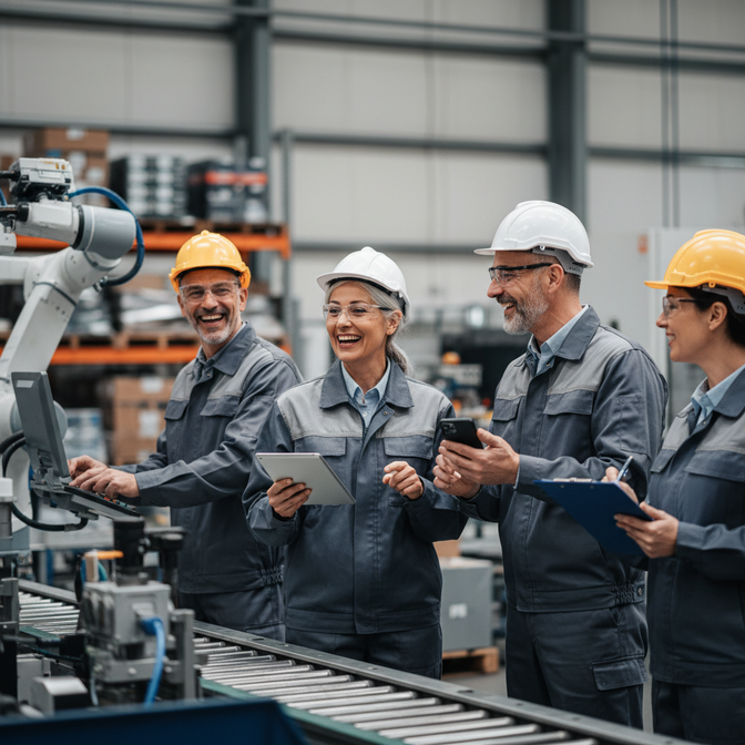 Manufacturing employees using tablets and phones in a factory.