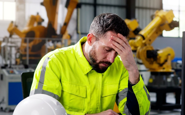 Worker in high-vis jacket looking stressed at a computer in a factory.