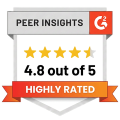 G2 Peer Insights badge with 4.8 stars, Highly Rated