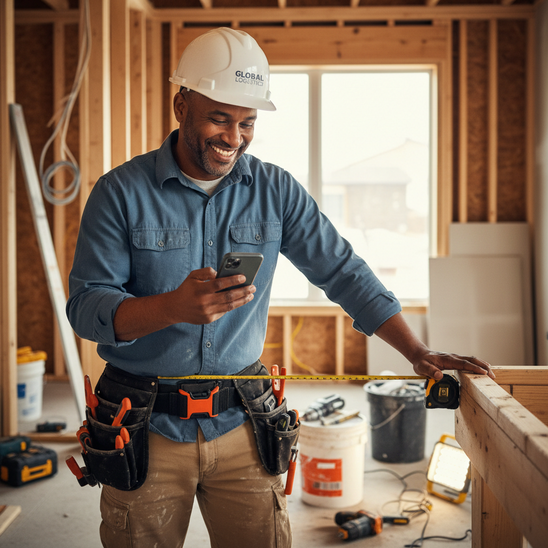 Construction worker using a smartphone on a site, wearing Global Logistics hard hat.