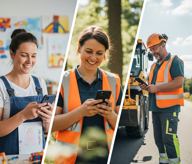 Workers in safety vests using smartphones outdoors.