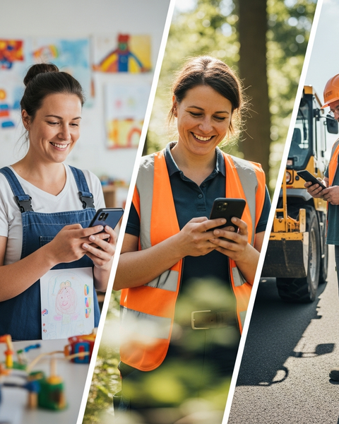 Workers in safety vests using smartphones outdoors.