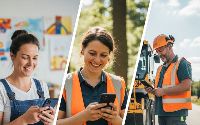 Workers in safety vests using smartphones outdoors.