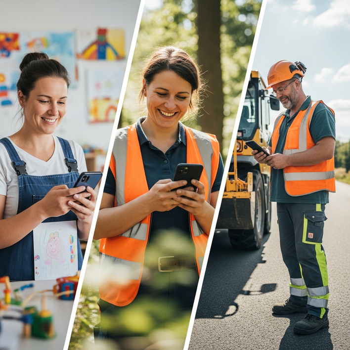 Workers in safety vests using smartphones outdoors.