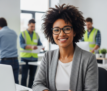 Smiling woman with smartphone and laptop in office setting.