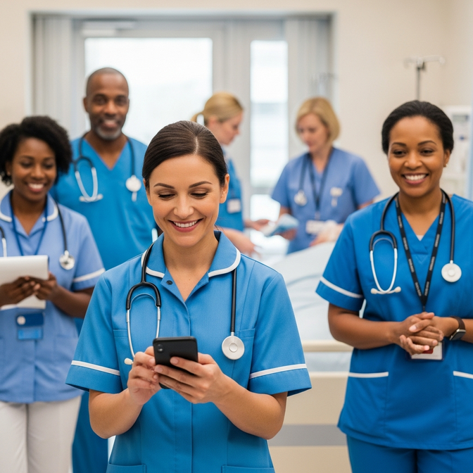 Healthcare team smiling and using mobile devices.