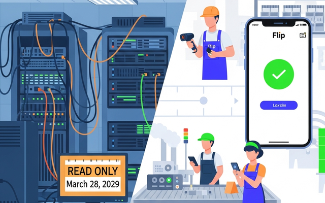 Illustration of server room and factory workers using a mobile app.