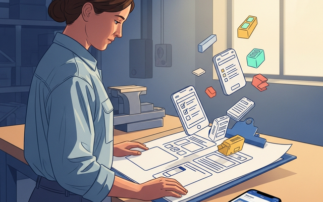 Woman designing apps with floating UI elements, showcasing no-code app building.