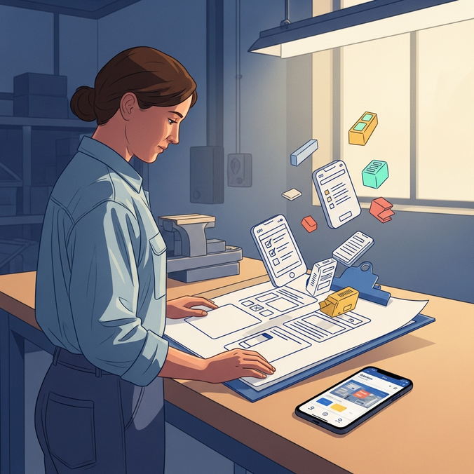 Woman designing apps with floating UI elements, showcasing no-code app building.