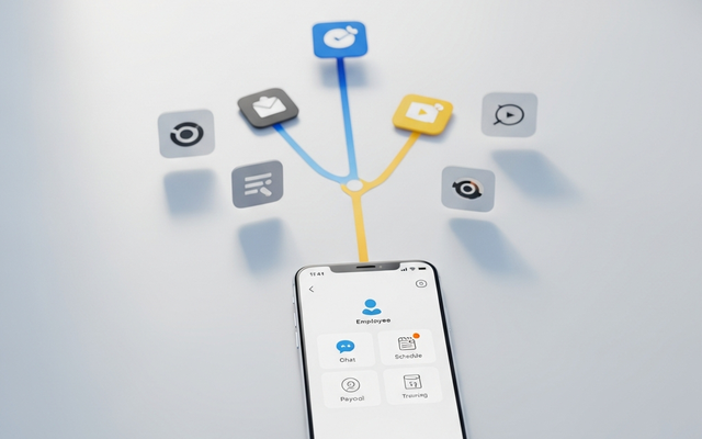Mobile app interface connecting to various business functions.