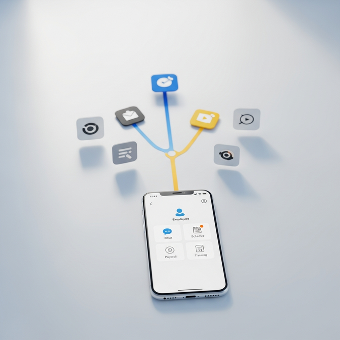 Mobile app interface connecting to various business functions.