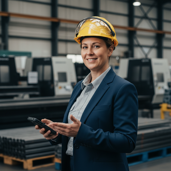 Operations manager in hard hat holding a smartphone in a factory.