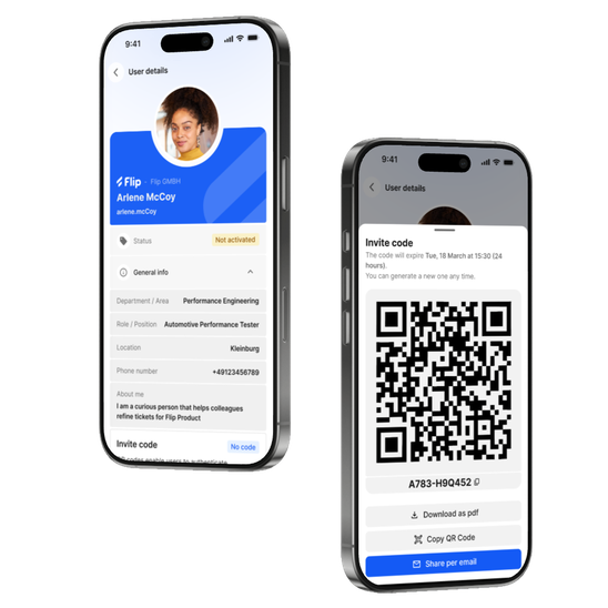 Screens showing user details and QR invite code for Flip app.