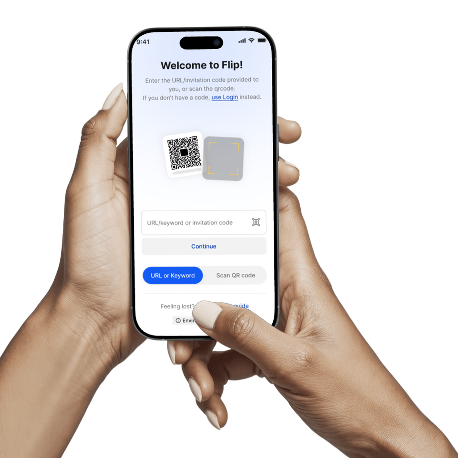 Phone screen showing Flip app login page with options to enter code or scan QR code.