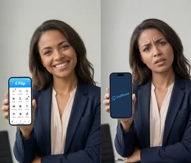 Woman holding a phone with Flip app and another with Staffbase app.