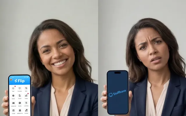 Woman holding a phone with Flip app and another with Staffbase app.