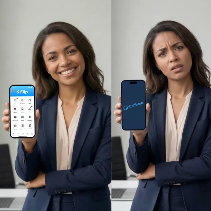 Woman holding a phone with Flip app and another with Staffbase app.