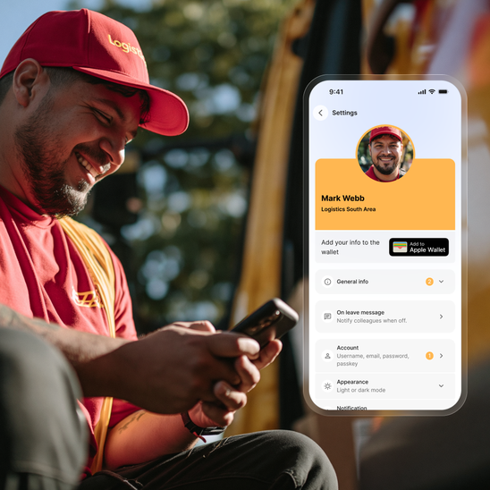 A man in a red cap using a phone; app interface shown beside him.