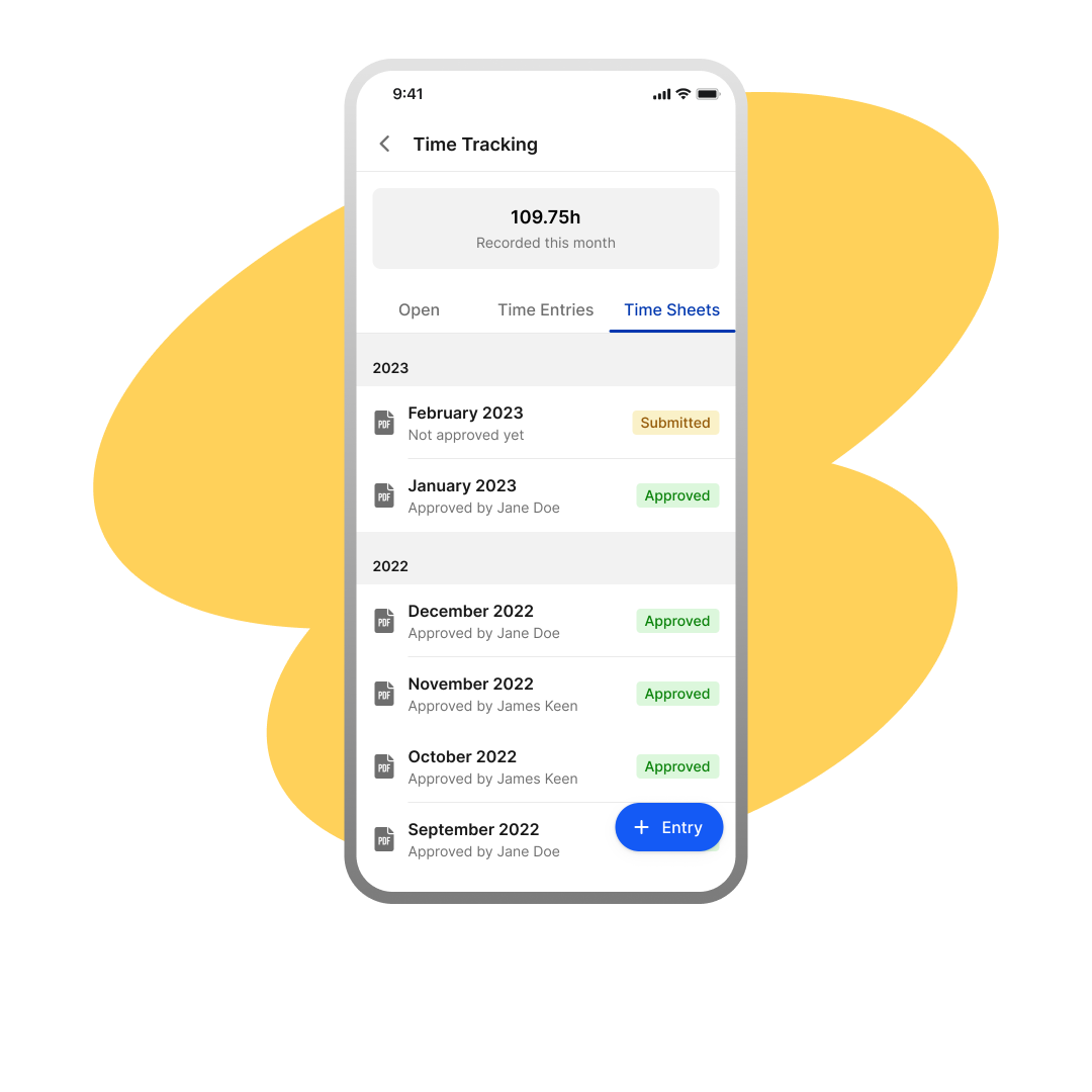 Mobile Employee App UI for time tracking, HR-Portal, Employee Experience Platform, Time Sheets.