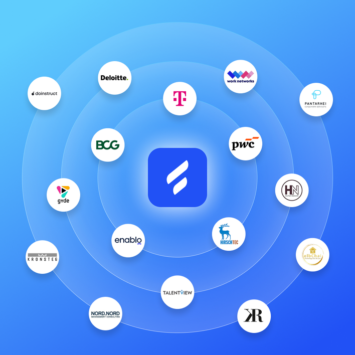 Logos of various partner companies surrounding a central blue icon.