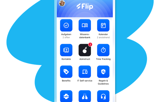 Flip app interface showing doinstruct notifications and various tools.
