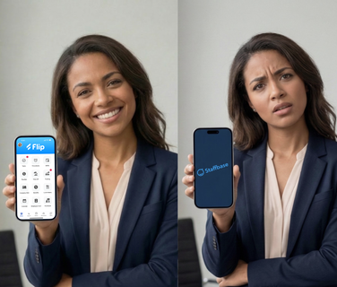 Comparison image of Flip and Staffbase apps held by a woman showing different expressions.