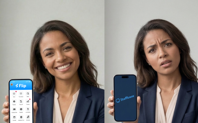 Comparison image of Flip and Staffbase apps held by a woman showing different expressions.