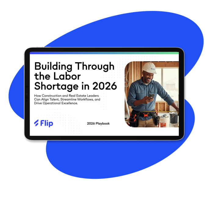 Guide cover: Building Through the Labor Shortage in 2026, Flip logo, worker on phone.