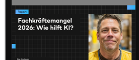Report cover: Fachkräftemangel 2026: Wie hilft KI? with a mans portrait.