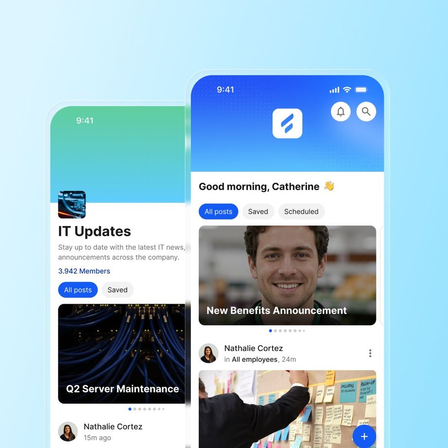 Employee app interface showing IT updates and benefits announcements.