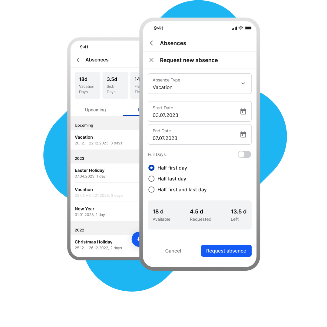Mobile UI for Mitarbeiter App HR-Portal: request absences, view vacation, sick days, Employee Experience Platform.