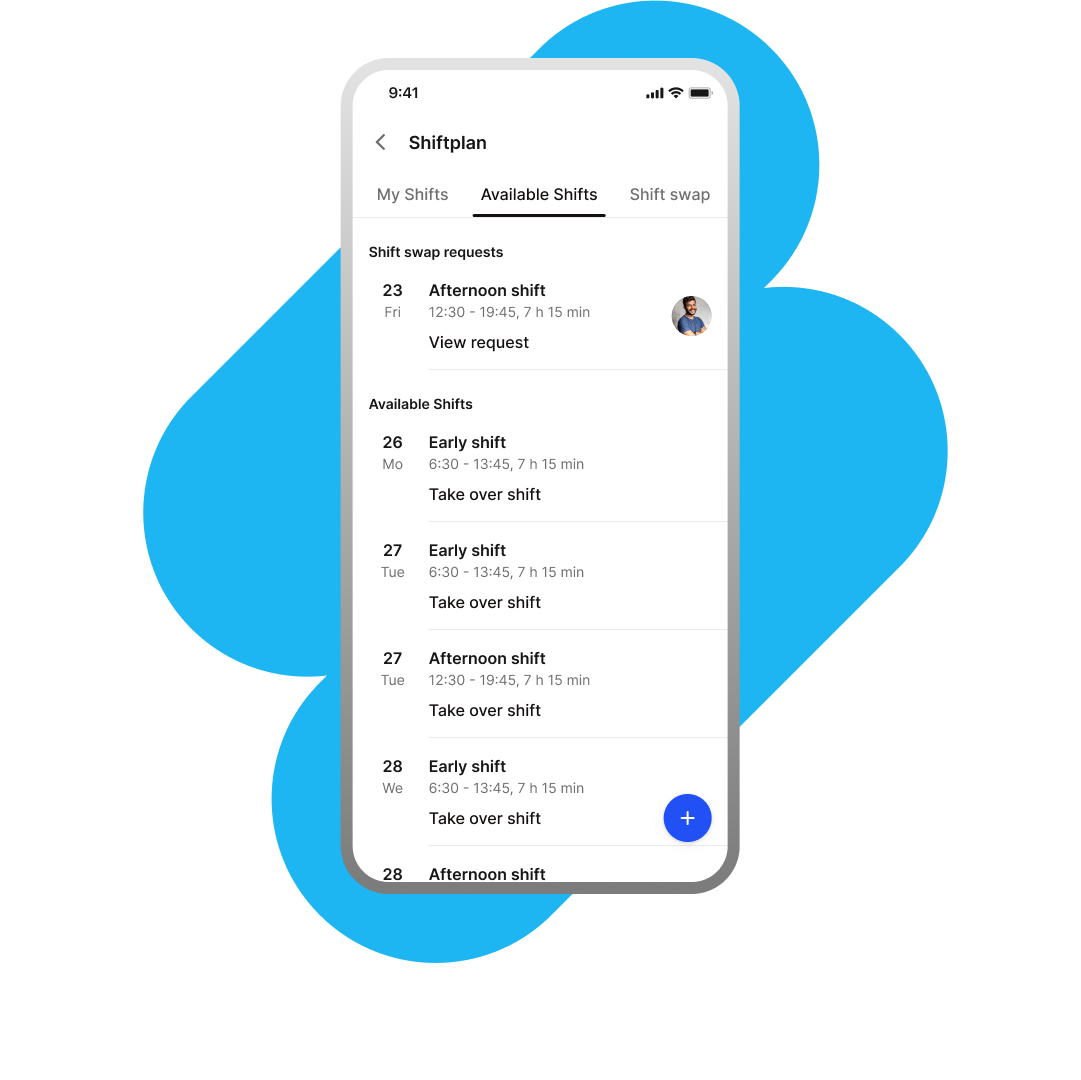 Mobile Mitarbeiter App zeigt Shiftplan, Schichtübernahme, HR-Software, Employee Experience Platform.