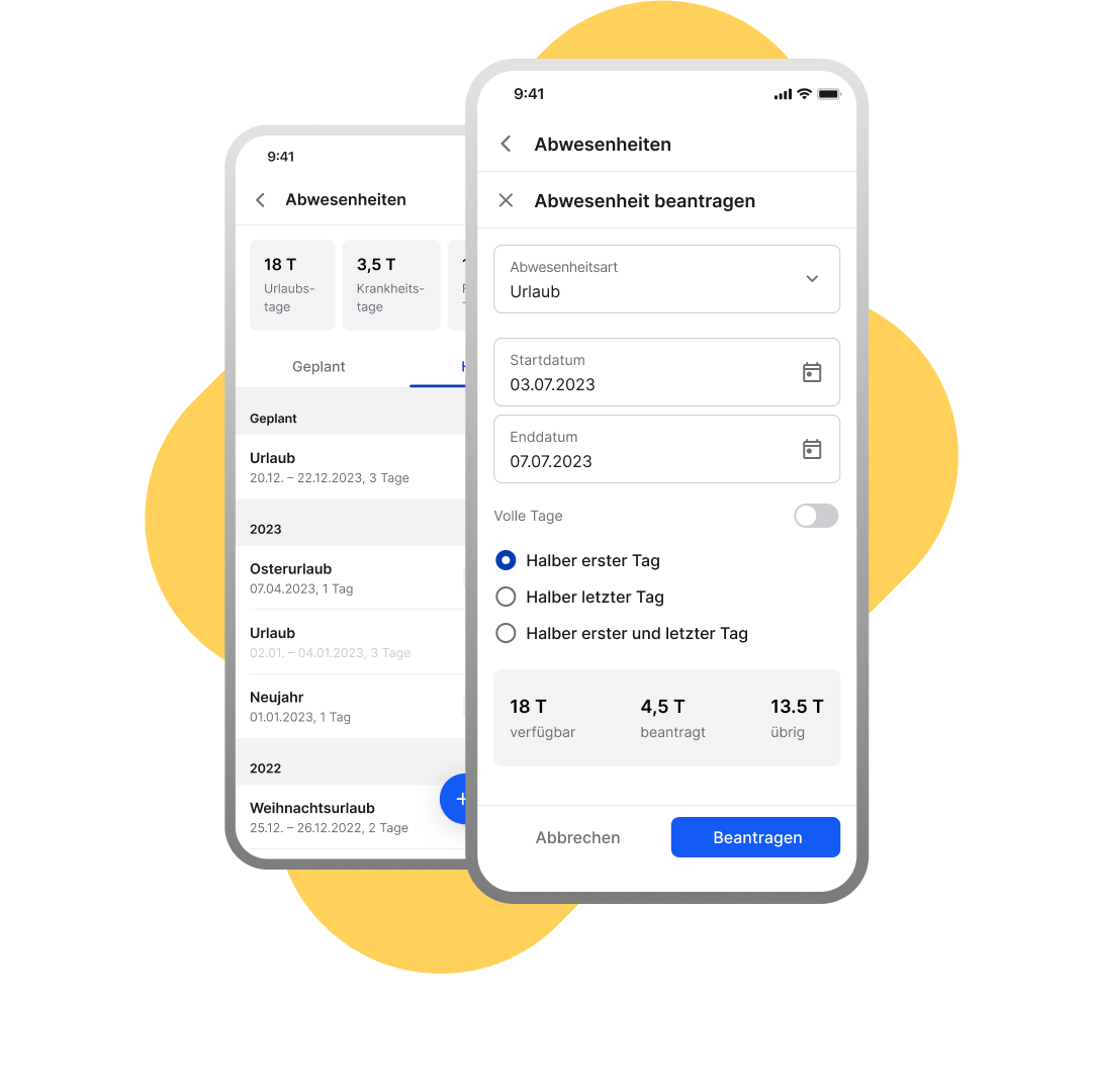 Mitarbeiter App zeigt Abwesenheiten und Abwesenheit beantragen; HR-Portal, Mitarbeiterplattform.