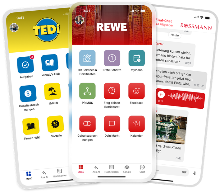 Retail employee apps showcasing communications and HR features for TEDi, REWE, and Rossmann.