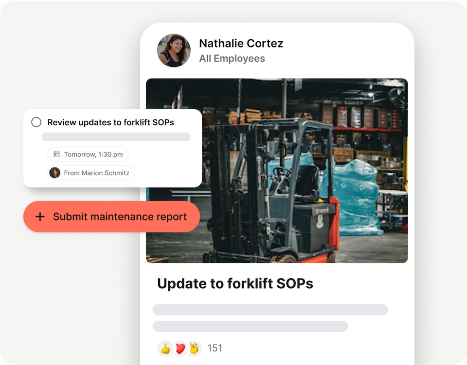 Employee App UI: Update to forklift SOPs, Submit maintenance report, empowering frontline ops.