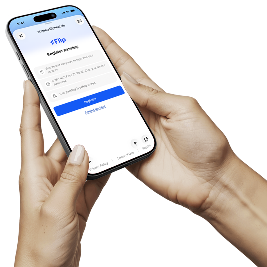 Hands holding a phone displaying Flips Register passkey screen.