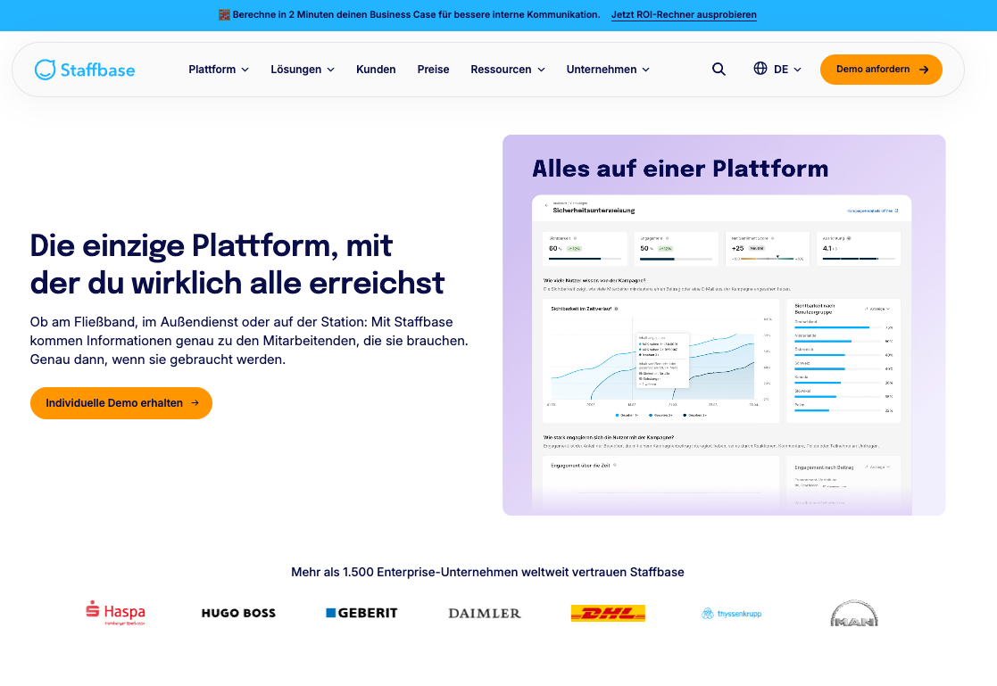 Screenshot of Staffbase platform with text in German promoting employee communication.
