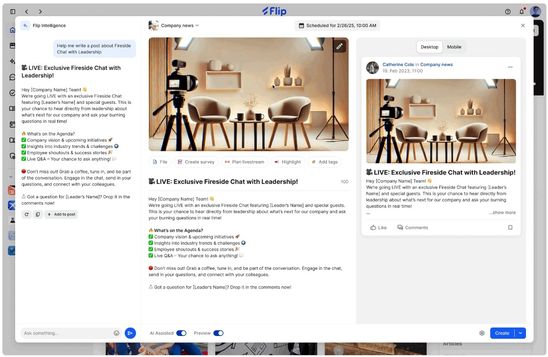 Flip Intelligence UI empowers frontline with comms, HR-Portal, Employee App, Agentic AI, Flip Flows.