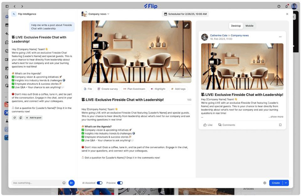 Flip Intelligence UI empowers frontline with comms, HR-Portal, Employee App, Agentic AI, Flip Flows.