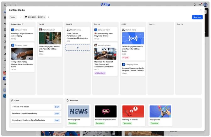 Flip Content Studio UI: Empowering frontline via Employee App, HR-Portal, Flip Flows, Flip Intelligence.
