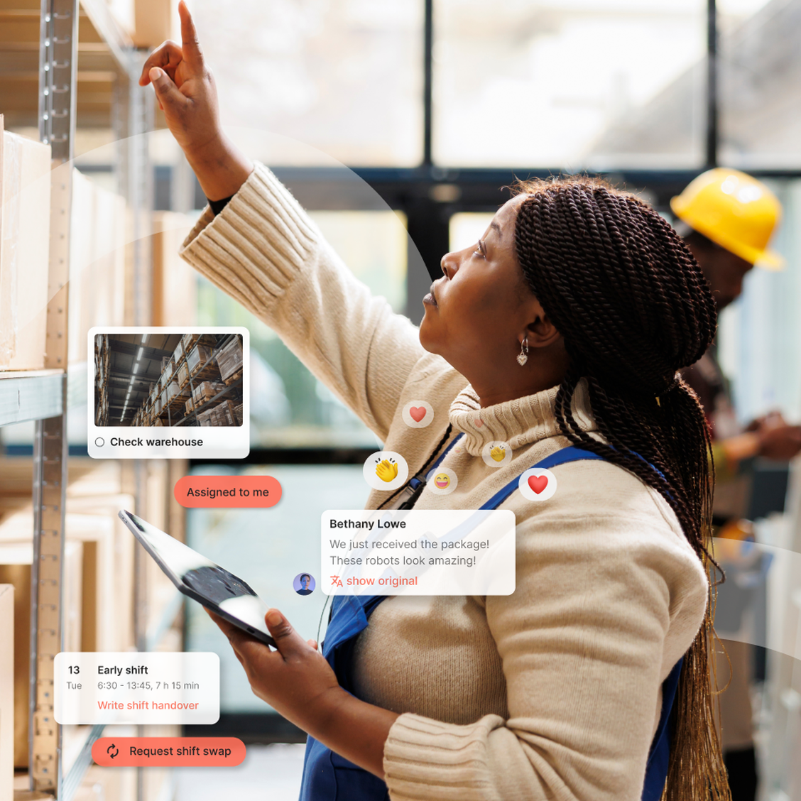 Frontline worker uses Employee App for shift swap, comms, HR-Portal, Flip Flows, Employee Engagement.