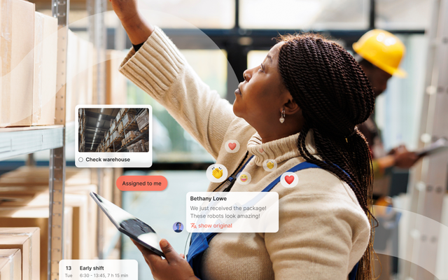 A woman in a warehouse points at shelves, holding a tablet. Digital overlays show task notifications and messages. A worker in a hard hat is in the background.